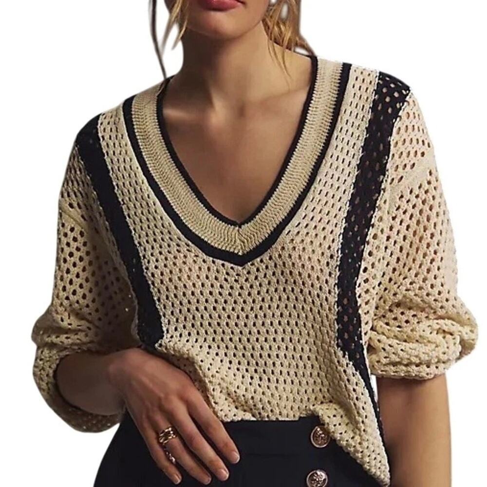 Pilcro by Anthropologie Striped Open-Knit Sweater Womens Size XS Cream Black